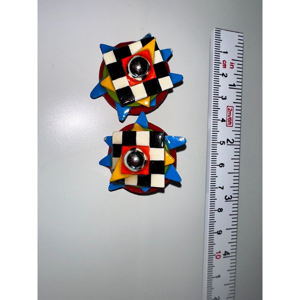 Vintage 80s Memphis Design Geometric Checkerboard Clip‎ On Earrings Multicolor - Picture 5 of 5